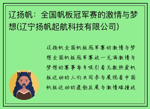 辽扬帆：全国帆板冠军赛的激情与梦想(辽宁扬帆起航科技有限公司)